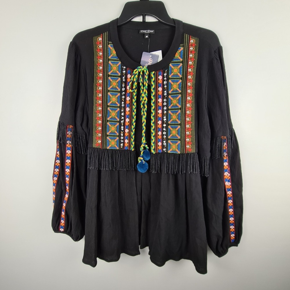 Dor Dor Couture Tie Black Embroidered Tassel Fringe Open Cardigan Top M Festival